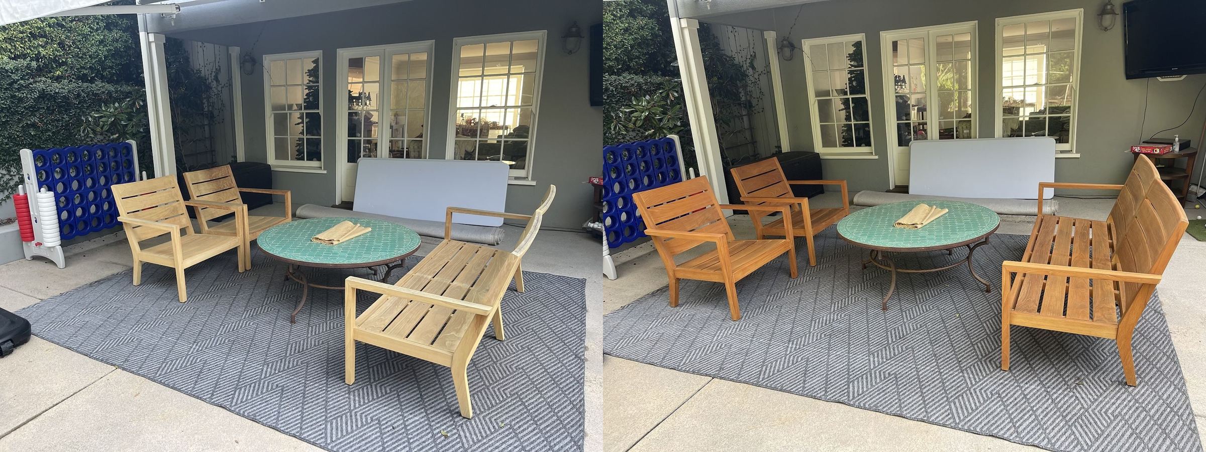 The teak lounge set before restoration, its wood pale, dry and faded