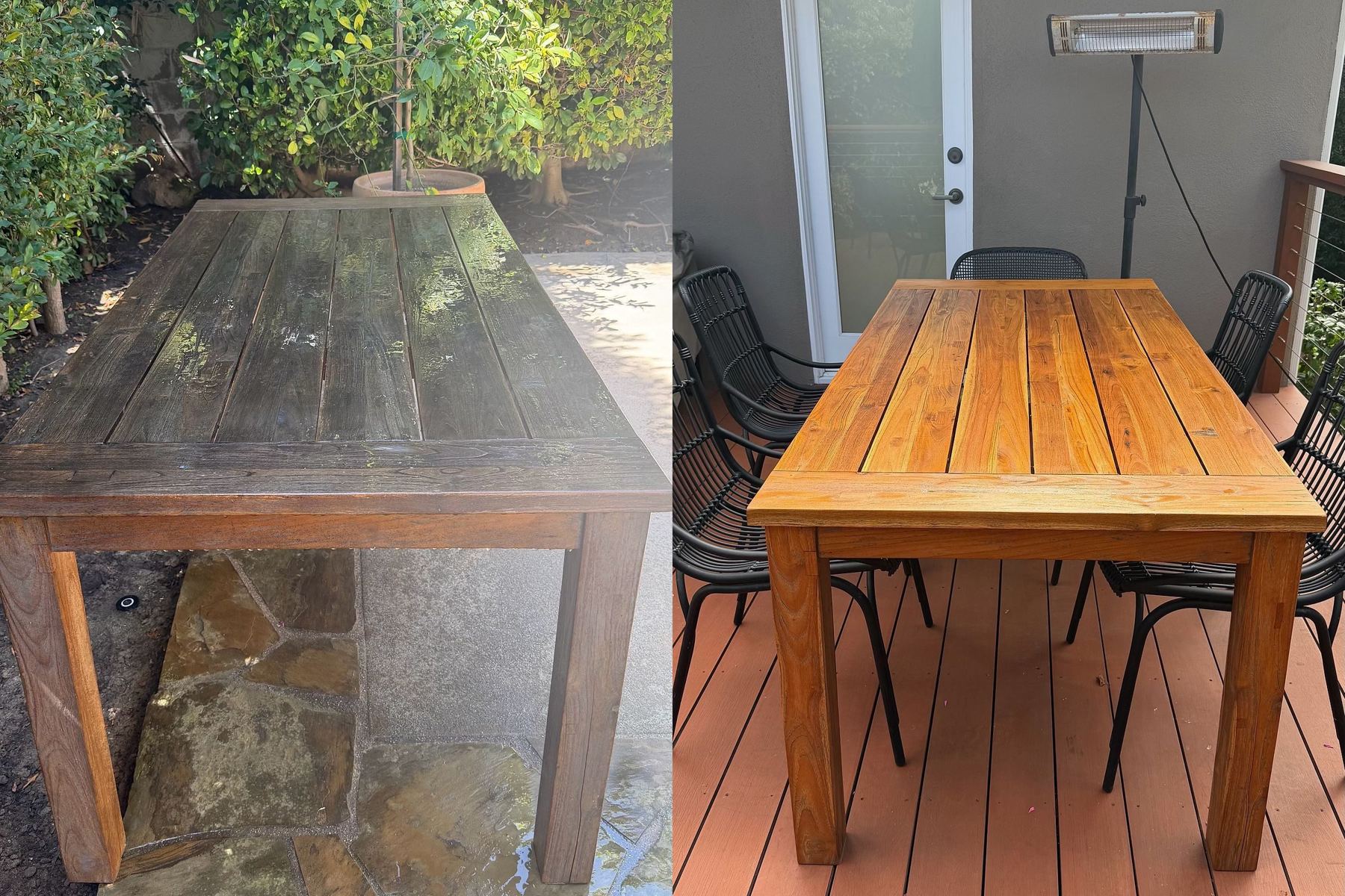 The wooden dining table before restoration, dark, grimy and weathered